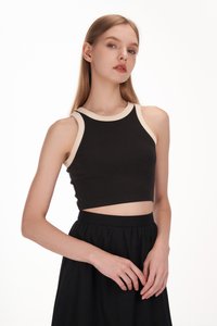 Paul Contrast Piping Crop Racerback Tank Top in Black