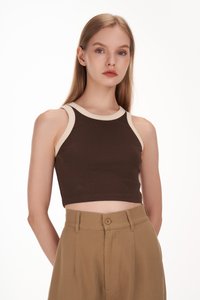 Paul Contrast Piping Crop Racerback Tank Top in Walnut